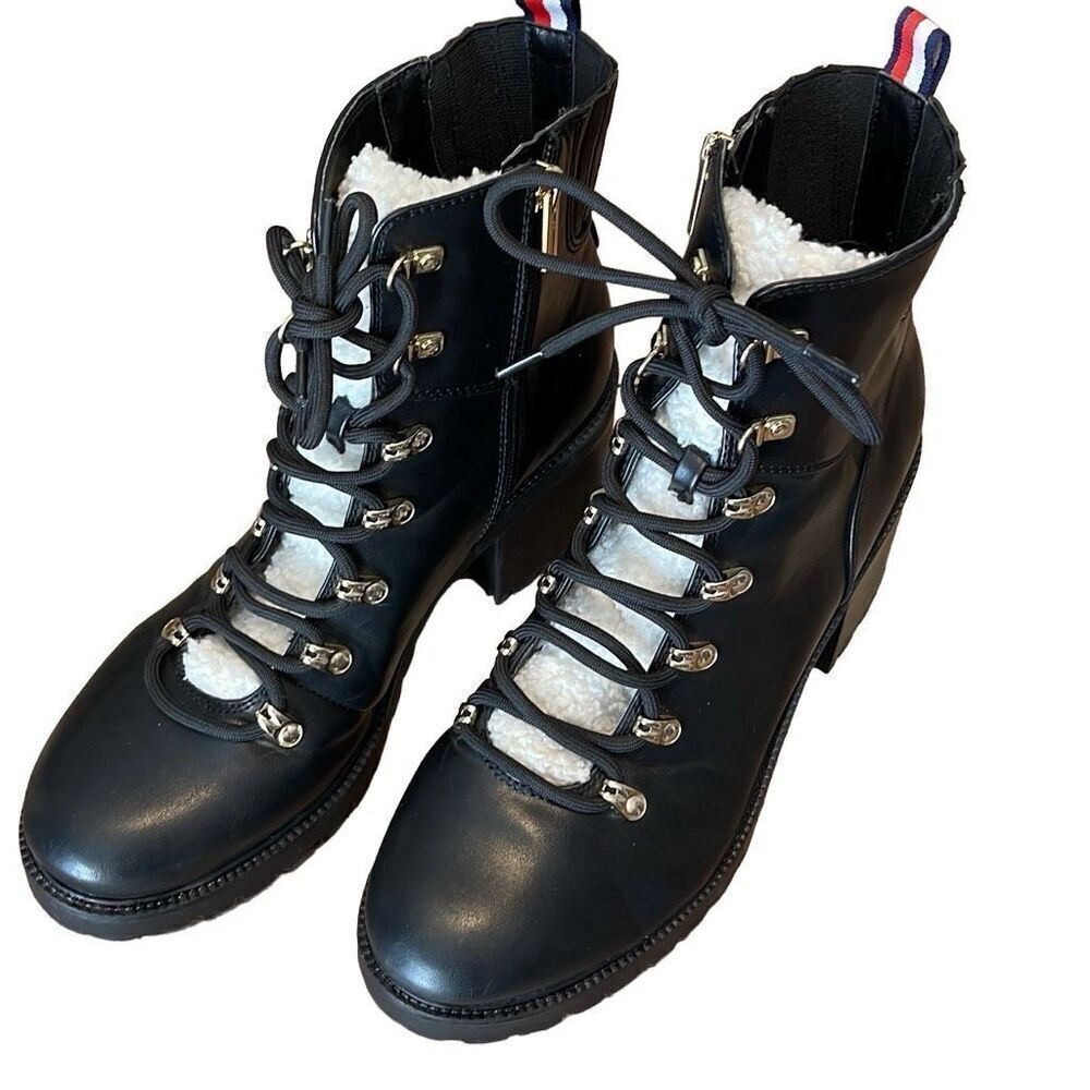 Tommy Hilfiger Womens Leather Faux Fur Lamere‎ Lug Boots Black Size 10M
